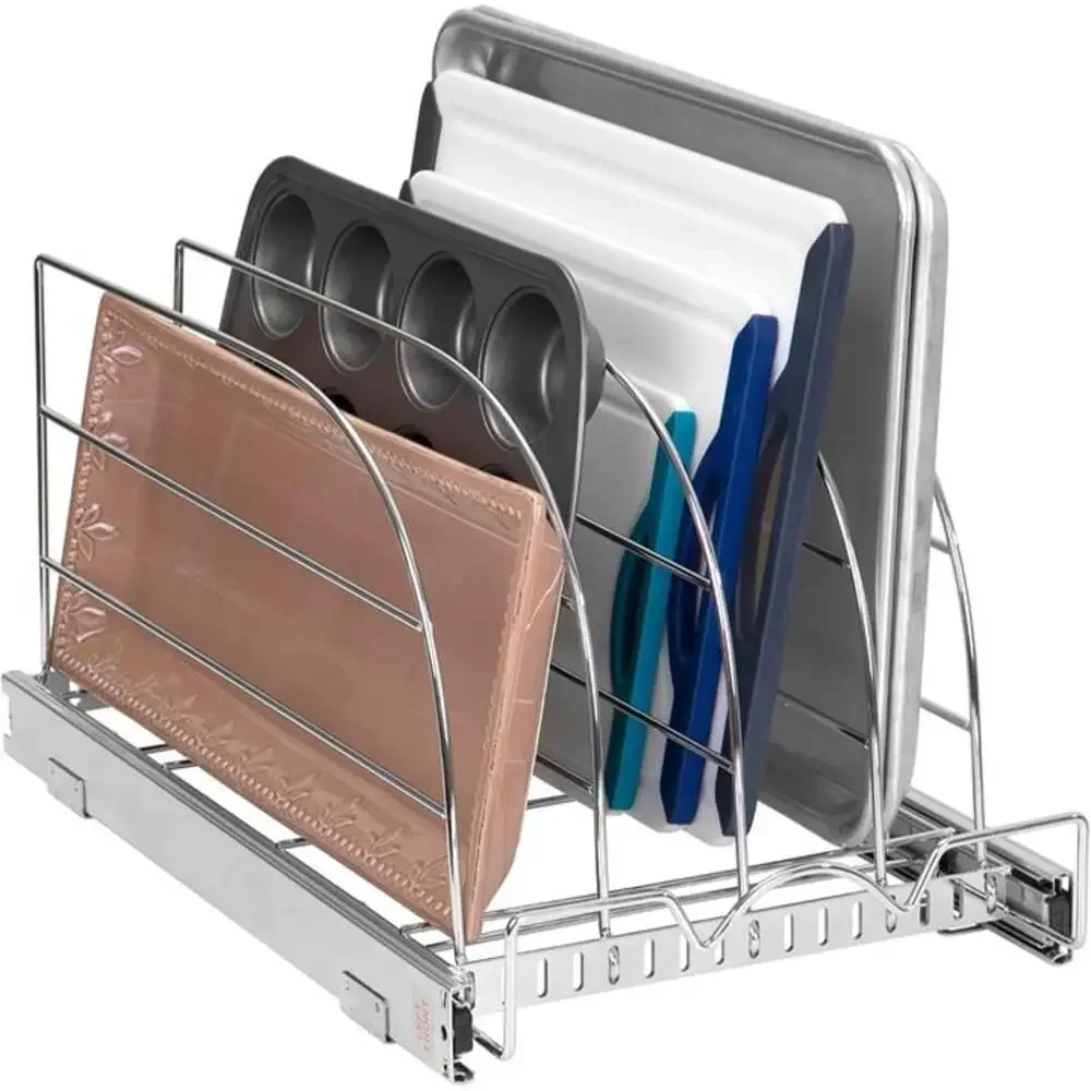 Pull Out Bakeware Organizer for Cutting Boards & Trays, Adjustable Cabinet Rack